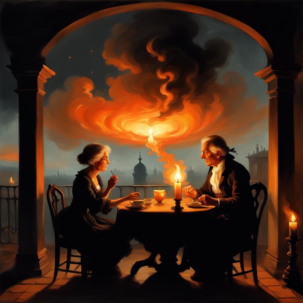 Romantic Rooftop Dinner at Sunset: Gothic Oil Painting