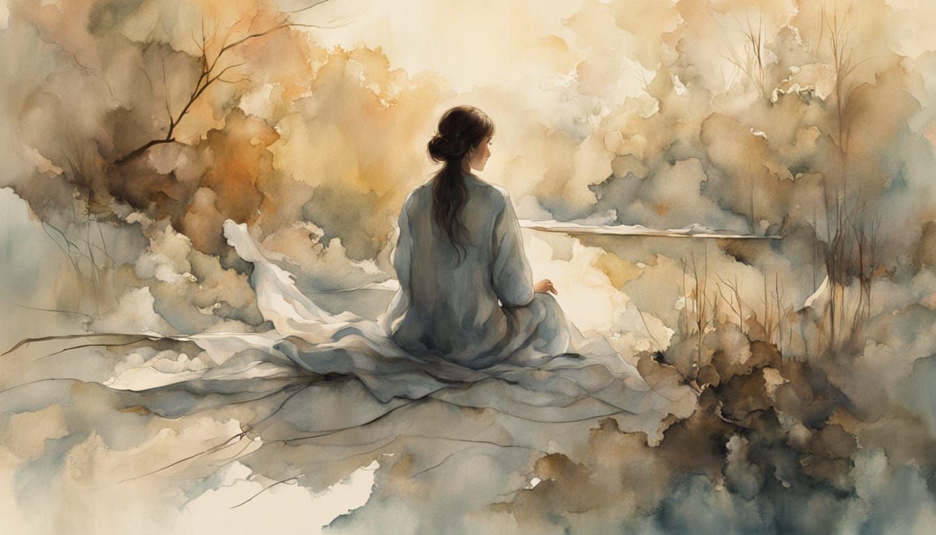 Woman Lost in Contemplation in Whimsical Watercolor Scene