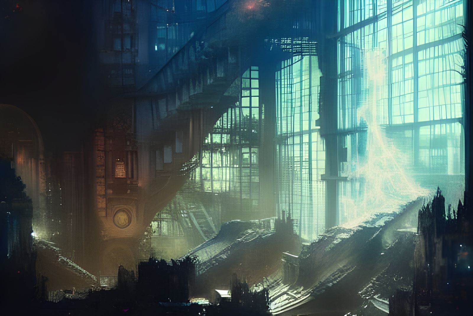 Radioactive Nebula Over Cyberpunk City Ruins