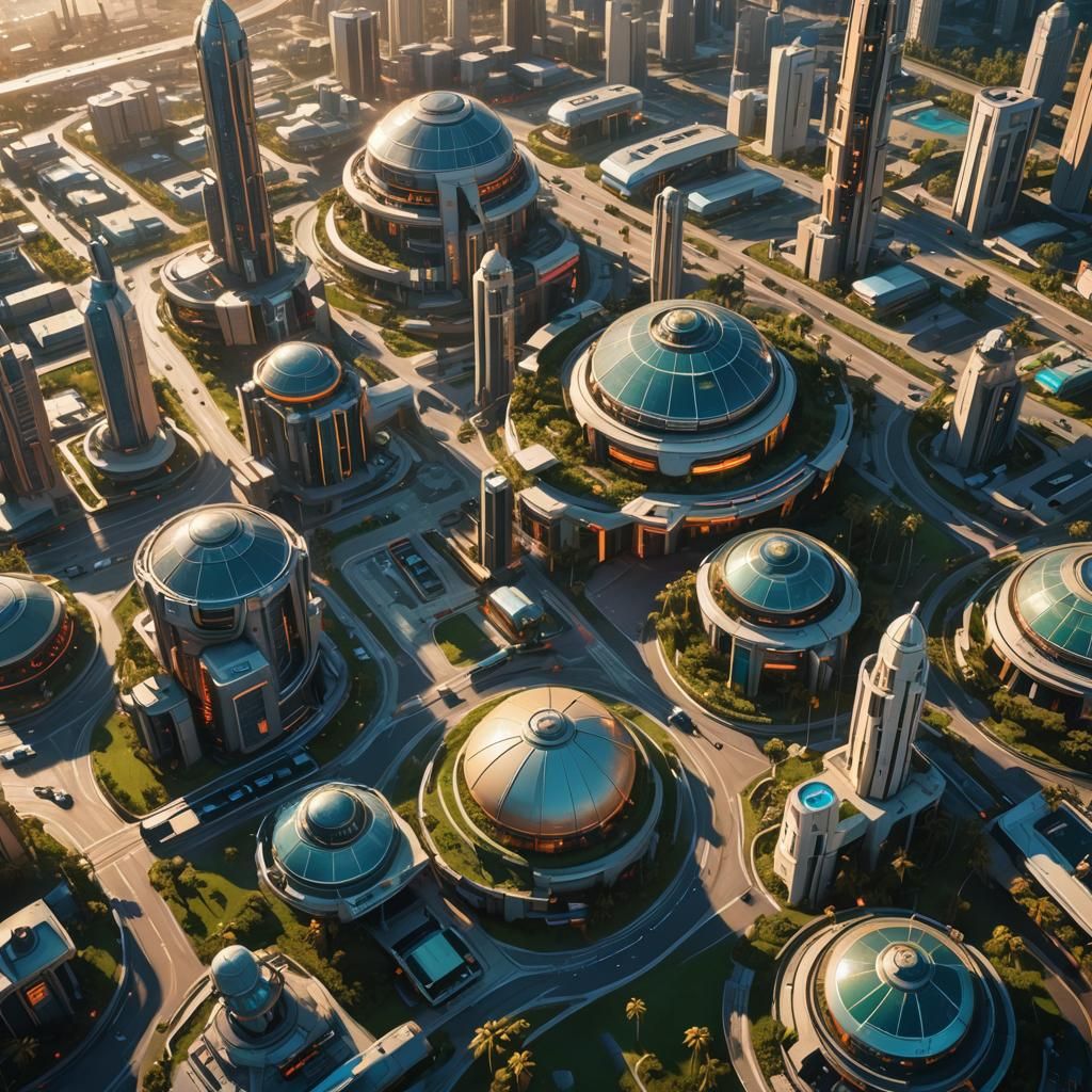Cyberpunk Cityscape with Flying Cars in Golden Hour