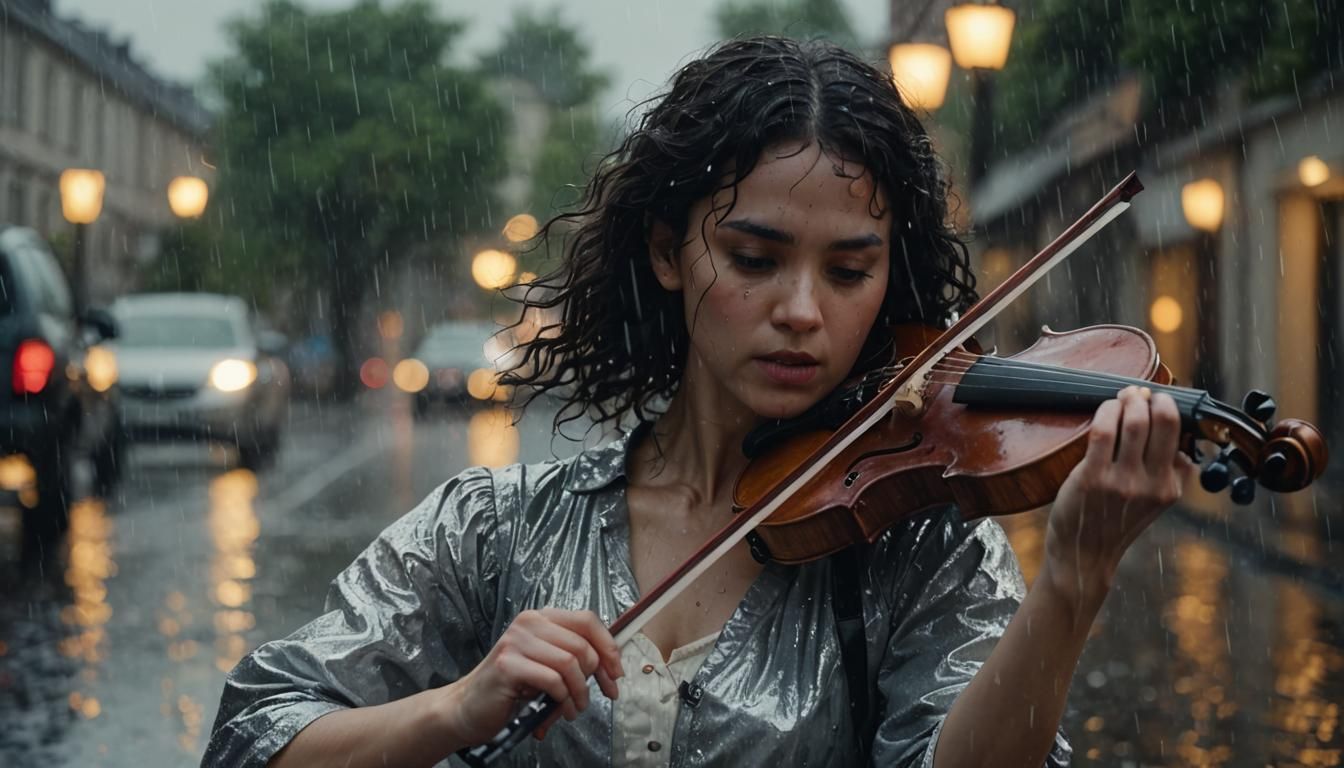 Girl Plays Violin in Rainy Storm, Cinematic Style