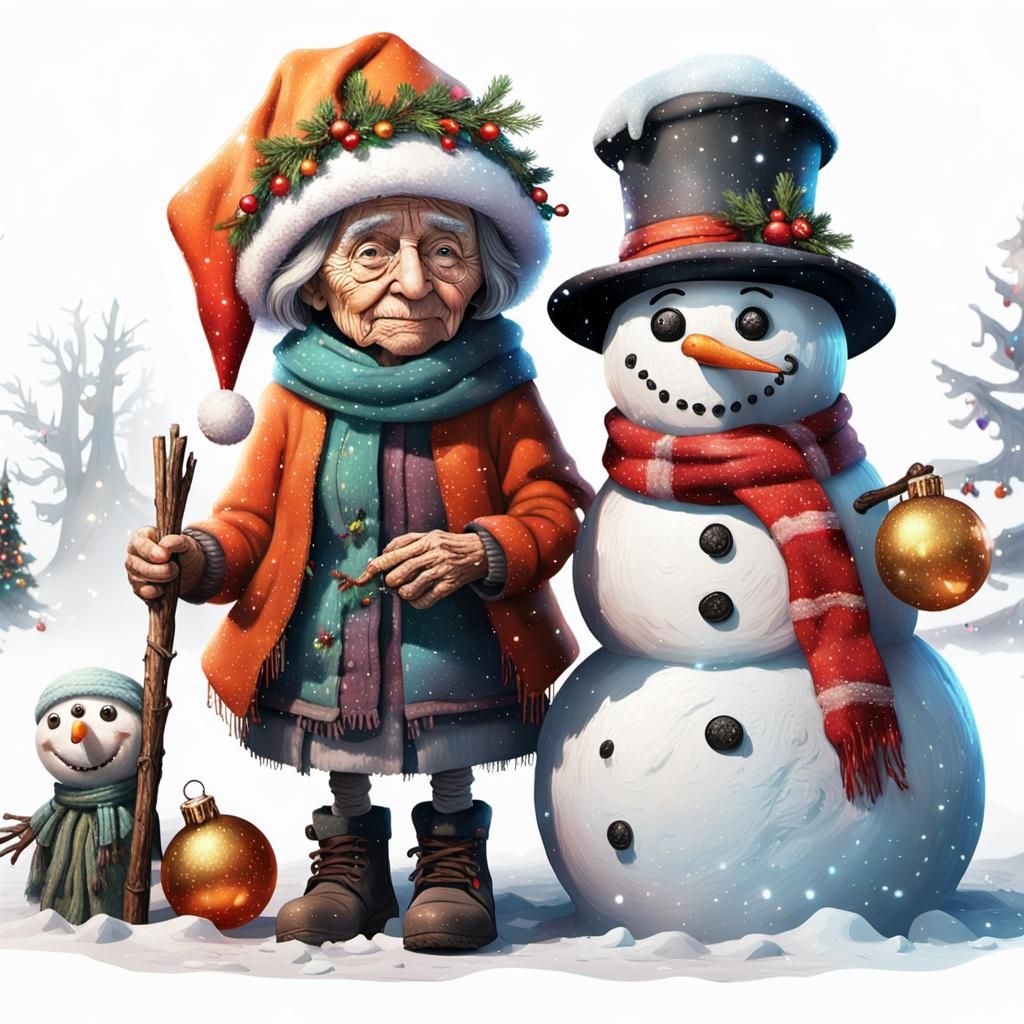 Old Lady and Melting Snowman Christmas Digital Art
