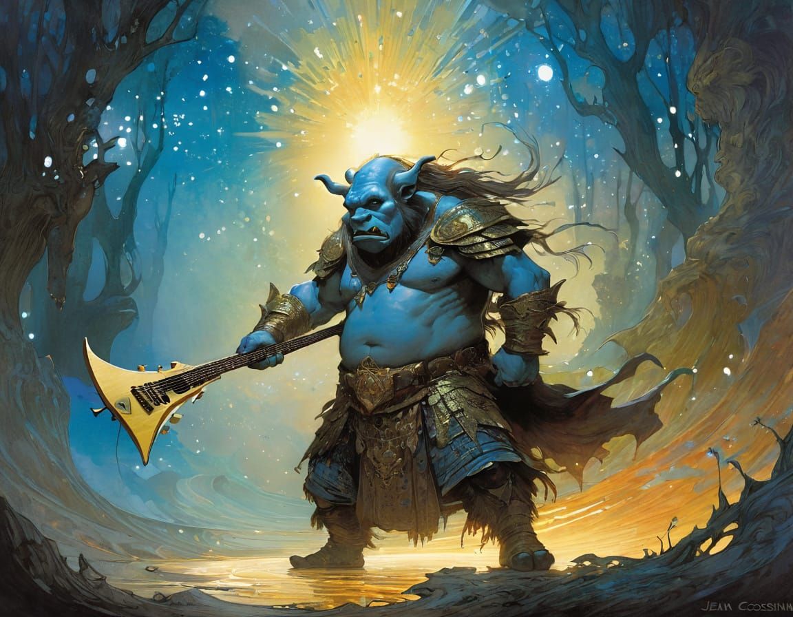 Magical Ogre Plays Guitar in Enchanting Fantasy Landscape