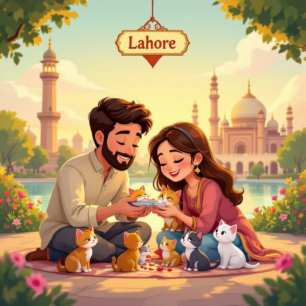 Couple Feeds Cats in Vibrant Lahore Cartoon Style