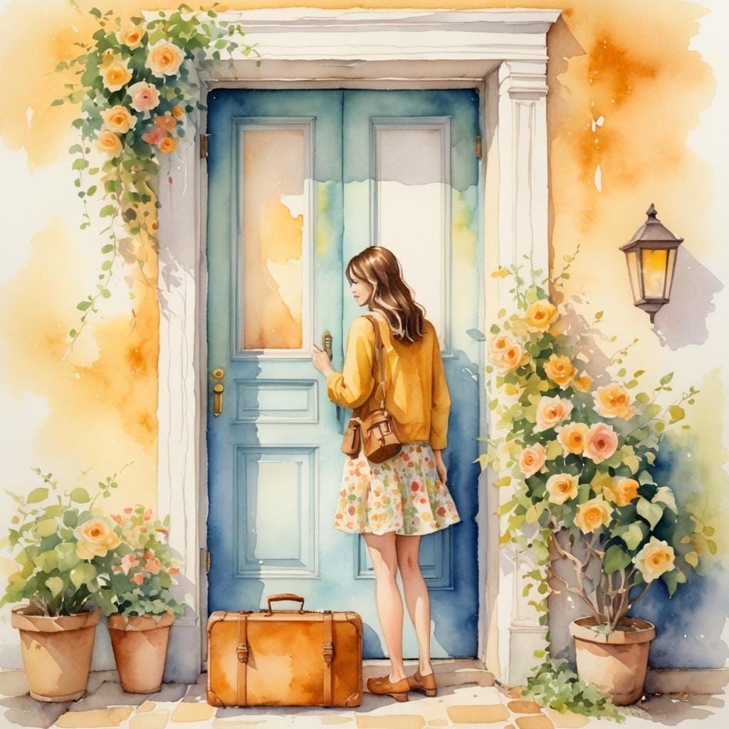Whimsical Woman at Floral Doorway: Watercolor Art