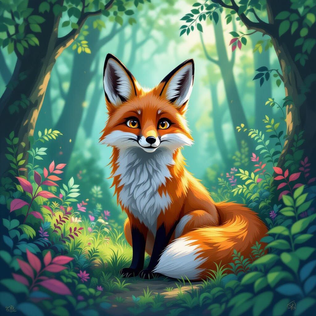 Fox in Whimsical Forest, Fantasy Art