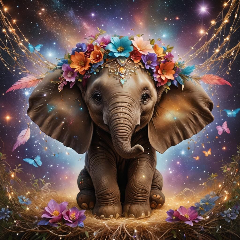 Hyperrealistic Baby Elephant in Sparkling Hammock