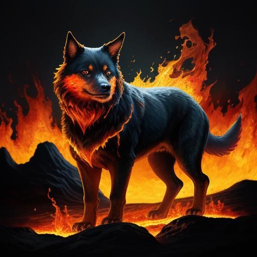 Flaming Dog in Volcanic Landscape, Fantasy Realism