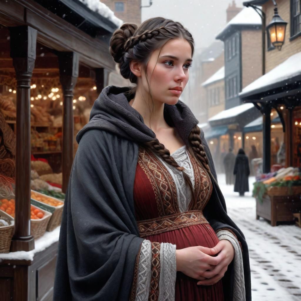 Beautiful Pregnant Woman in Snowy Marketplace, Photorealisti...