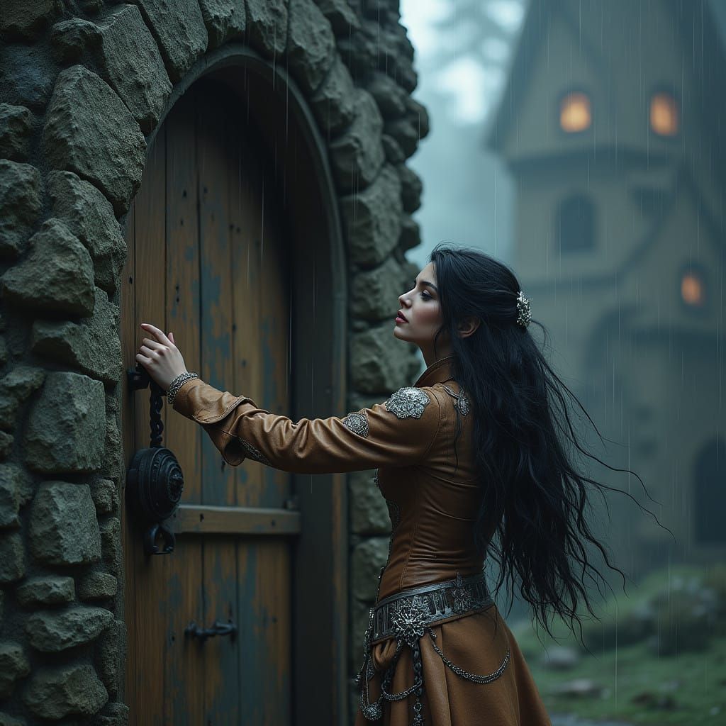 Up close Steampunk inspired beautiful woman with long windswept silver and white hair with a jewel encrusted short dagge...
