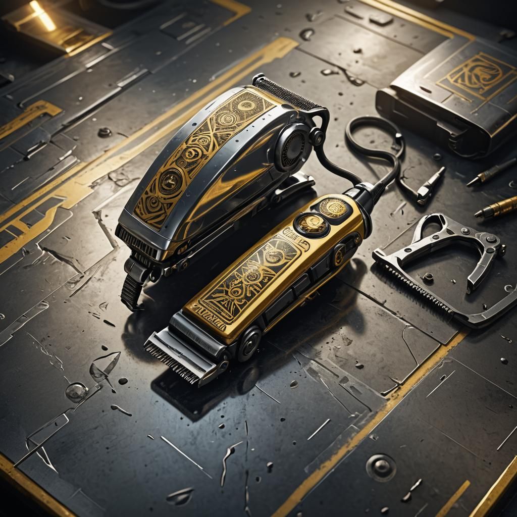 Futuristic Hair Clipper with Egyptian Tattoo in Sci-Fi Style