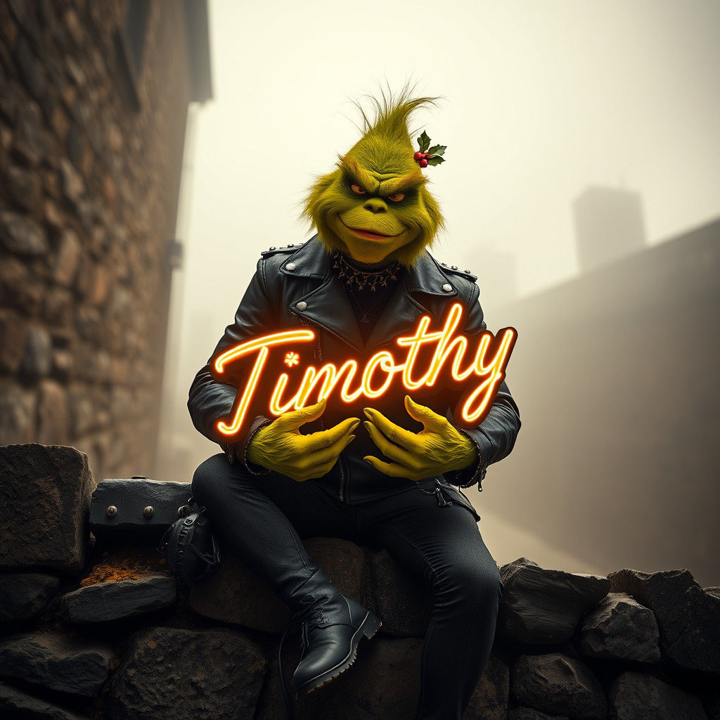 Grinch Biker Holding Neon Timothy Sign