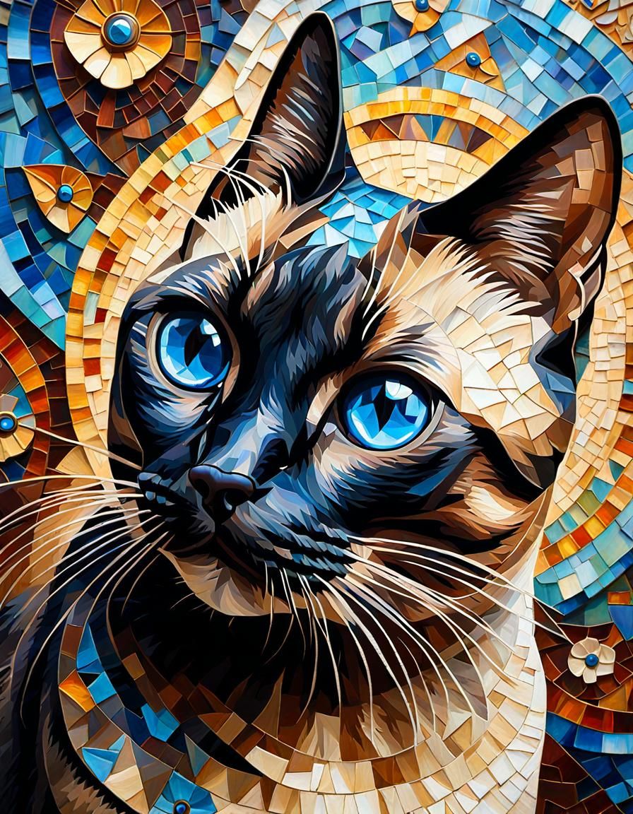 Mosaic Cat Portrait in Neo-Impressionist Style