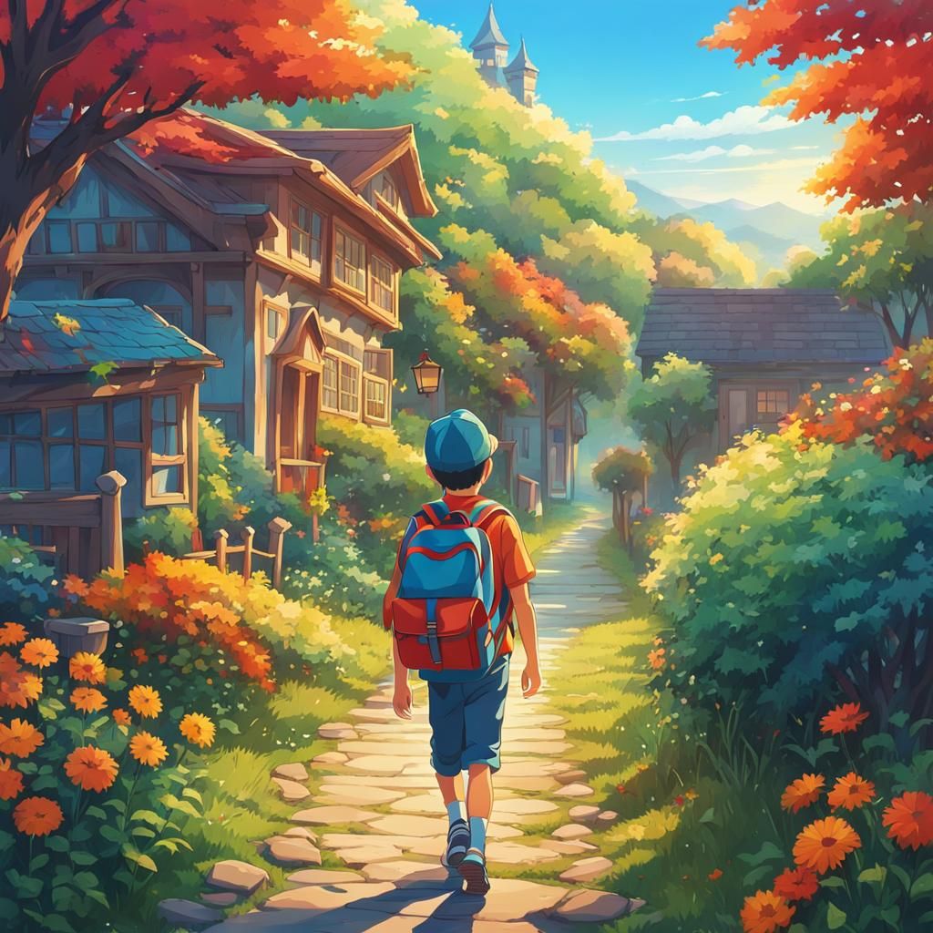 Anime Style Boy Walking to School