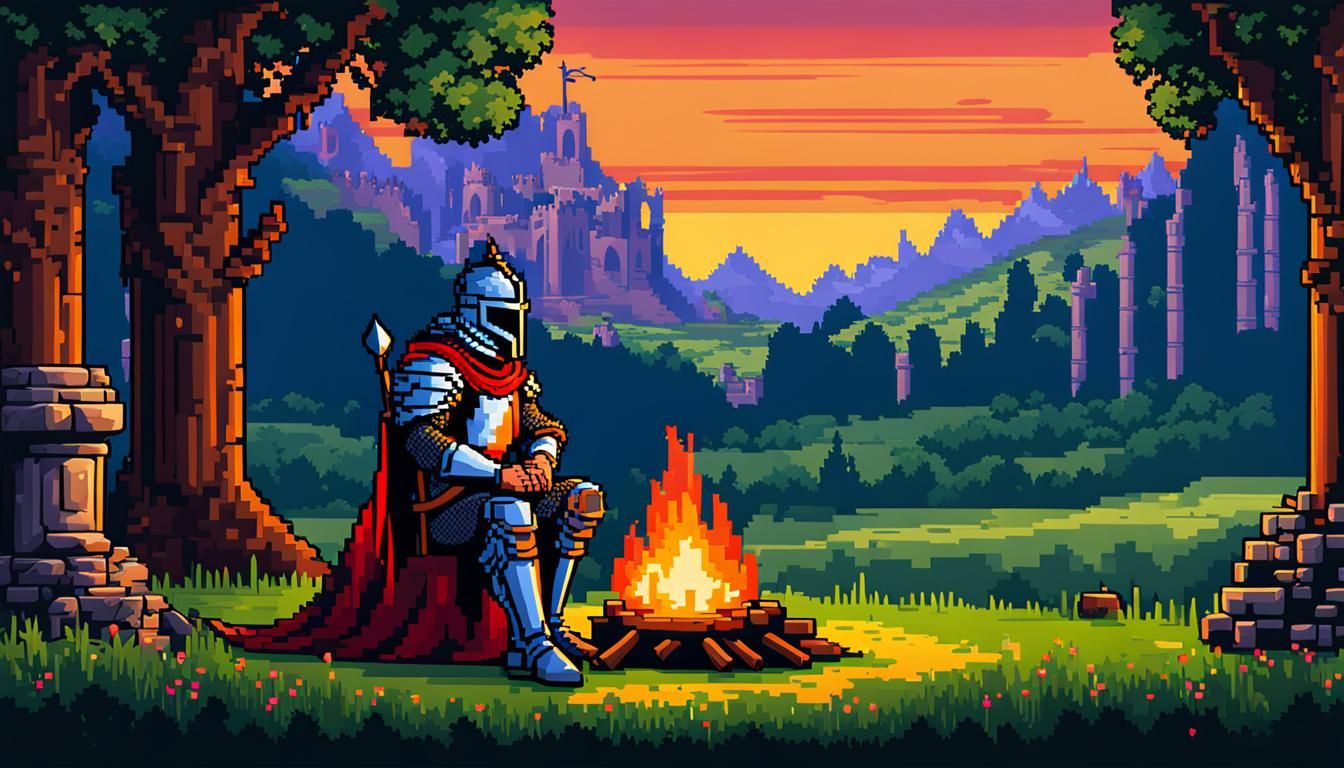 Medieval Knight Campfire Scene in Pixel Art
