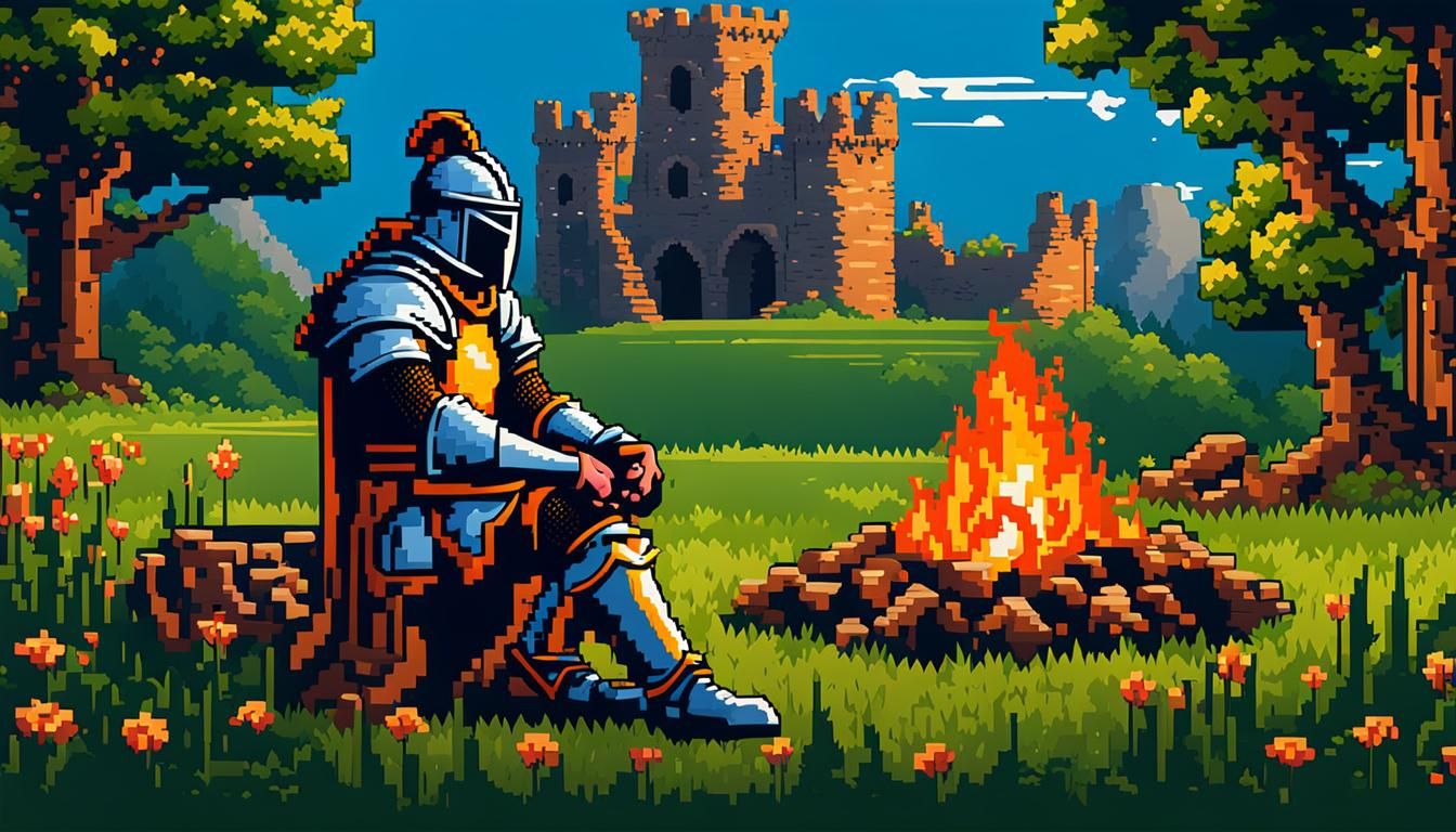 Pixel Art Knight Relaxing by Campfire
