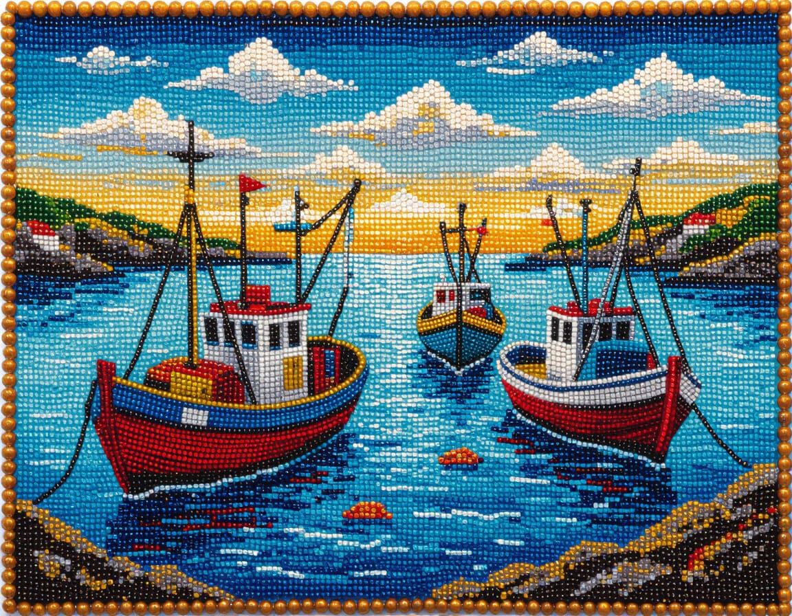 Beaded Seascape: Fishing Boats in Artistic Detail