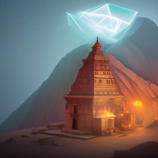 Kedarnath Temple: Holographic Cosmic Mixed Media Illustratio...