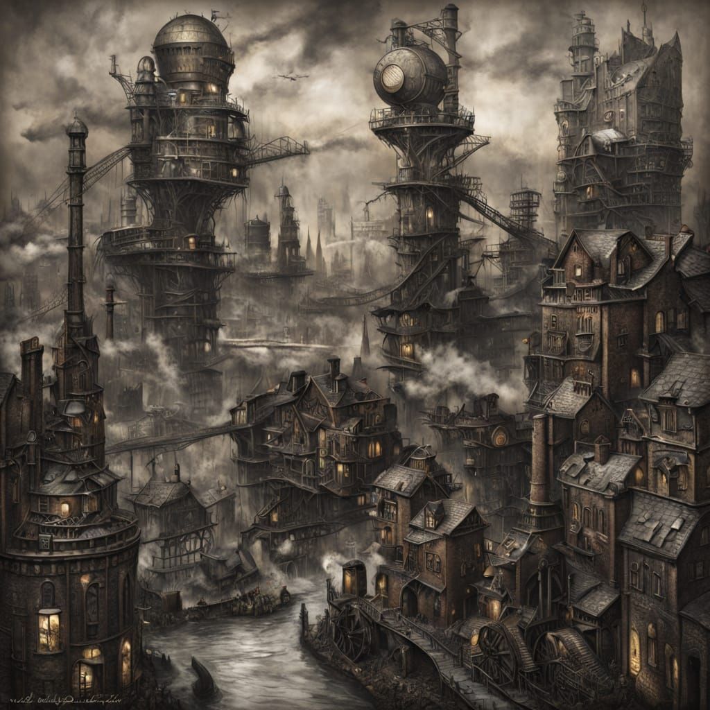 Steampunk Cityscape in Charcoal Hues