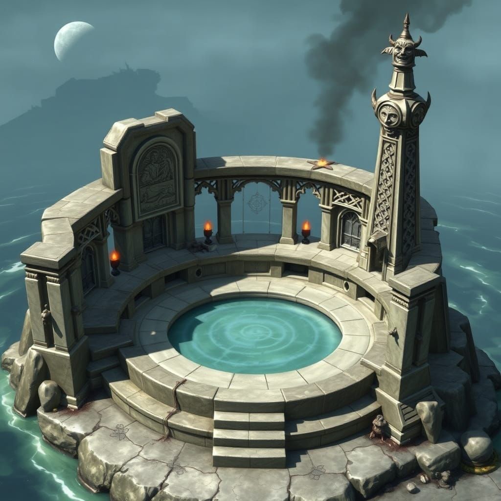 Cyberpunk-Inspired Temple with Moonlit Pond and Wind-Carved ...