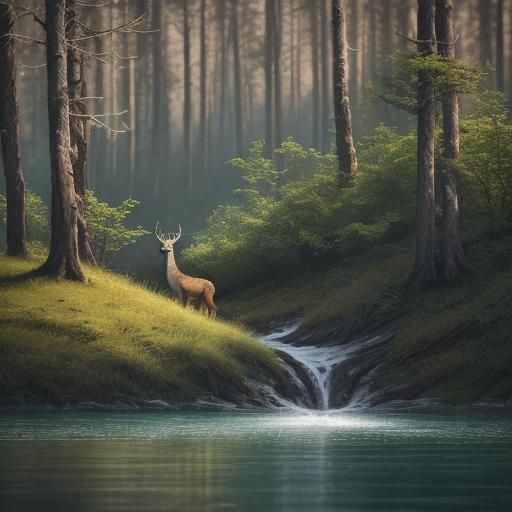 Deer at Lake, Wolves Grieving Above