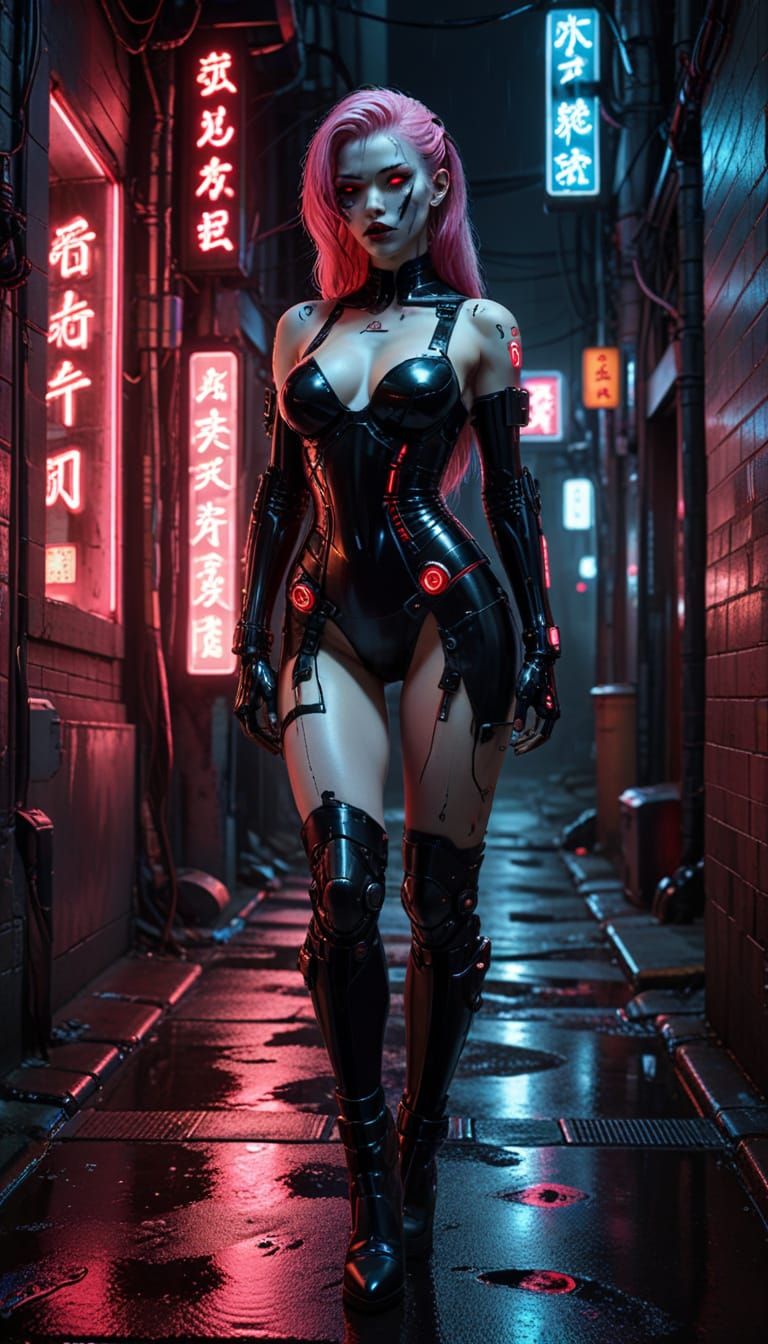 Cyberpunk Cyborg in Dark Alley with Neon Lights