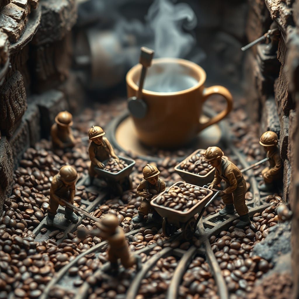 Surreal Miniature World of Industrial Coffee Miners in Cyber...