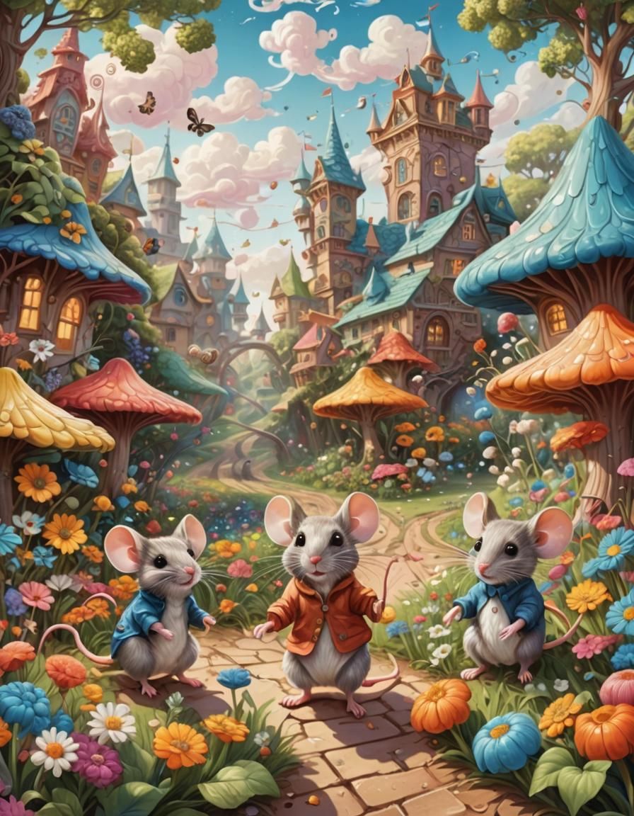 Cute Mice in Colorful Field, Pixar-esque Digital Art