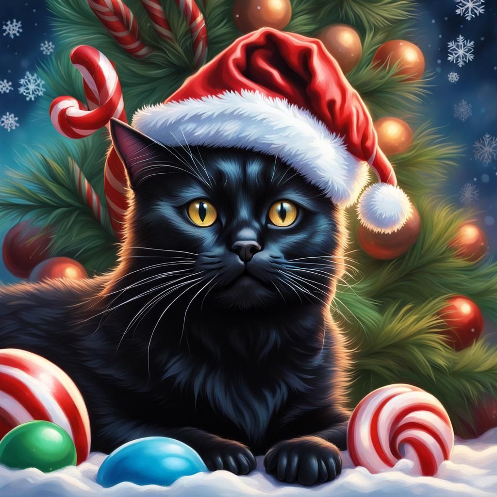 Festive Black Cat in Santa Hat Christmas Scene