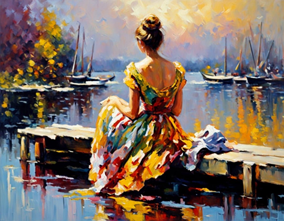 Woman in Iridescent Dress, Serene on Worn Jetty