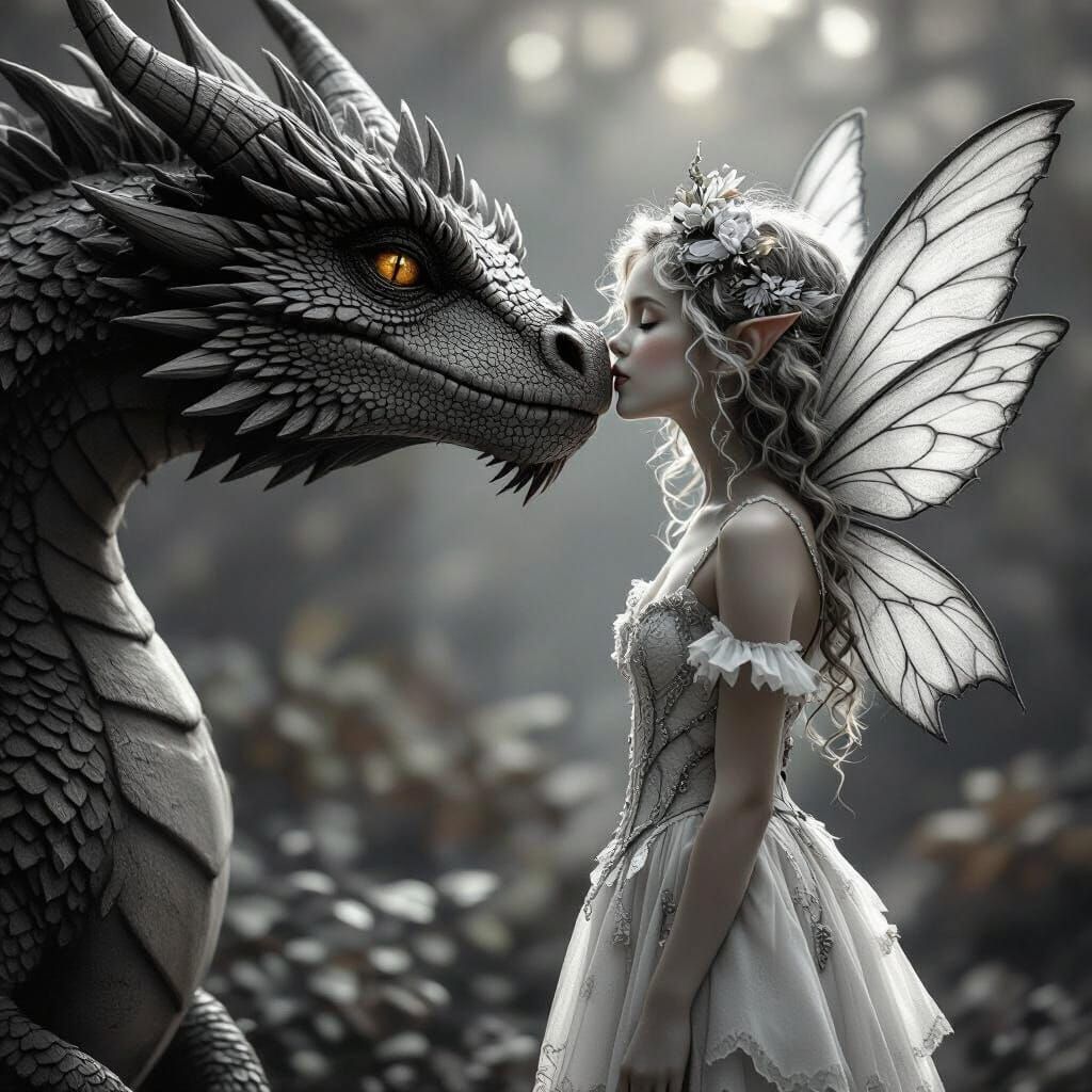 Fairy Kisses Dragon in Grayscale Monochromatic Style
