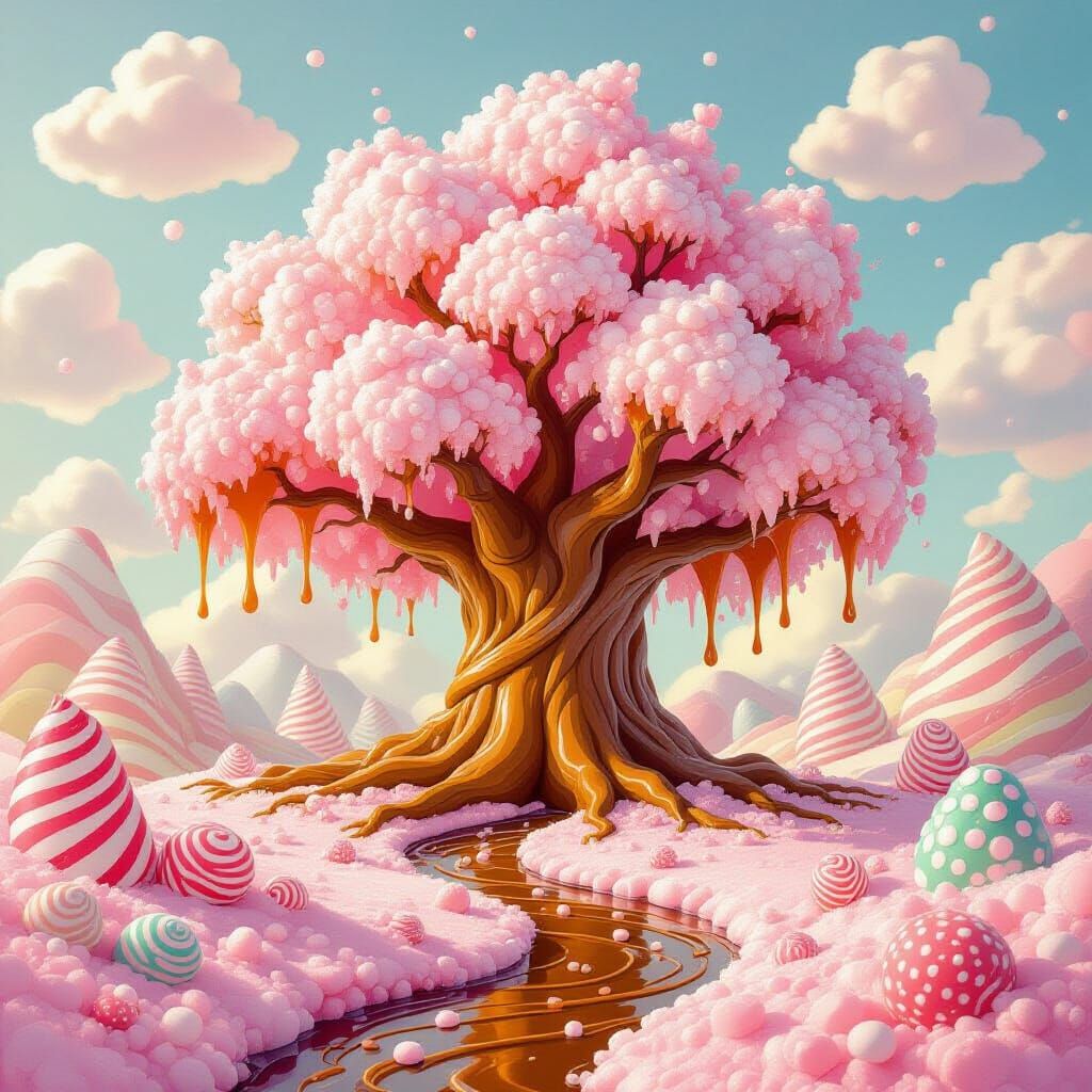 Ancient Sugar Tree with Chocolate River, Whimsical Fantasy A...