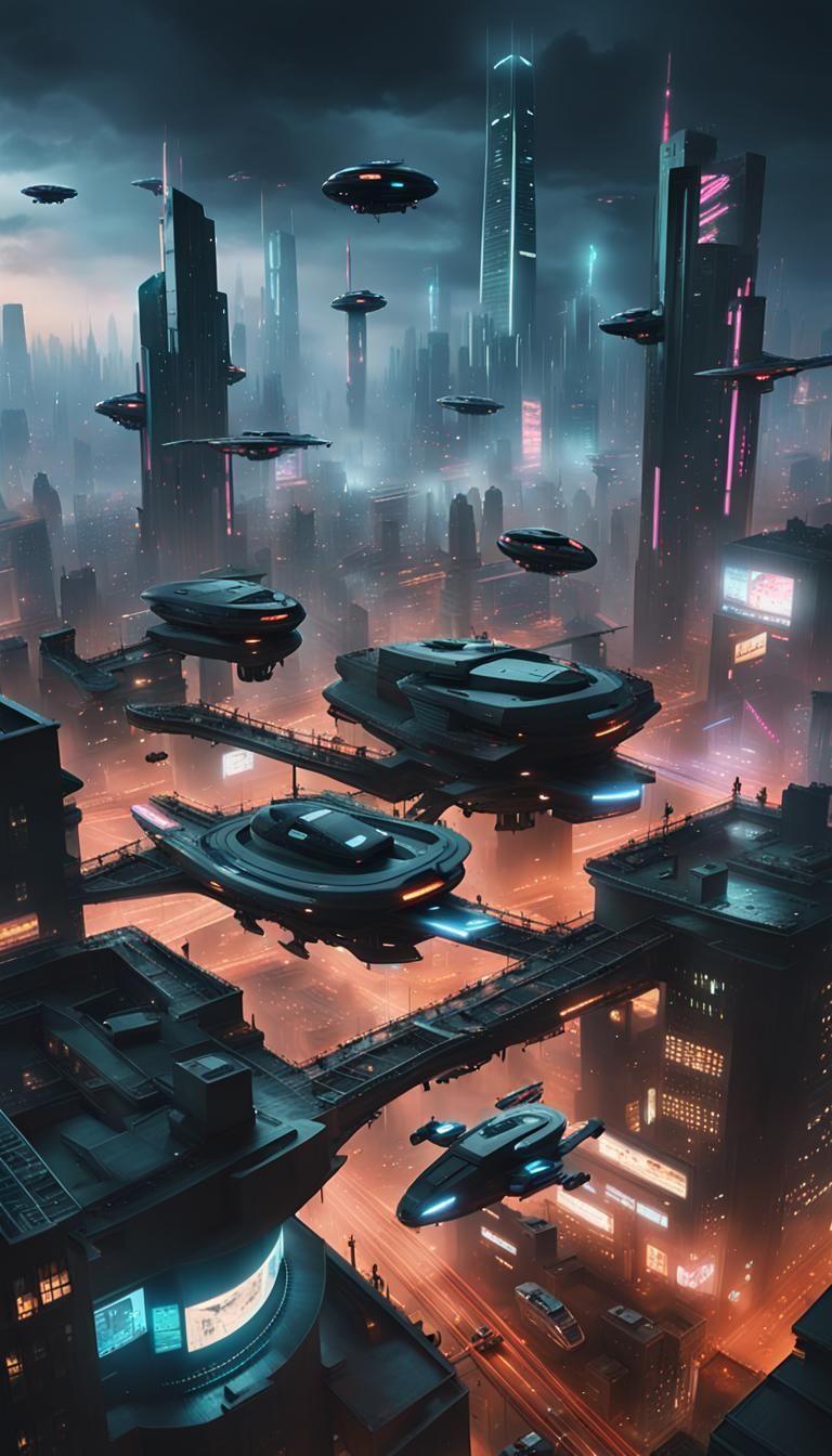 Cyberpunk Cityscape with Flying Vehicles and Neon Lights