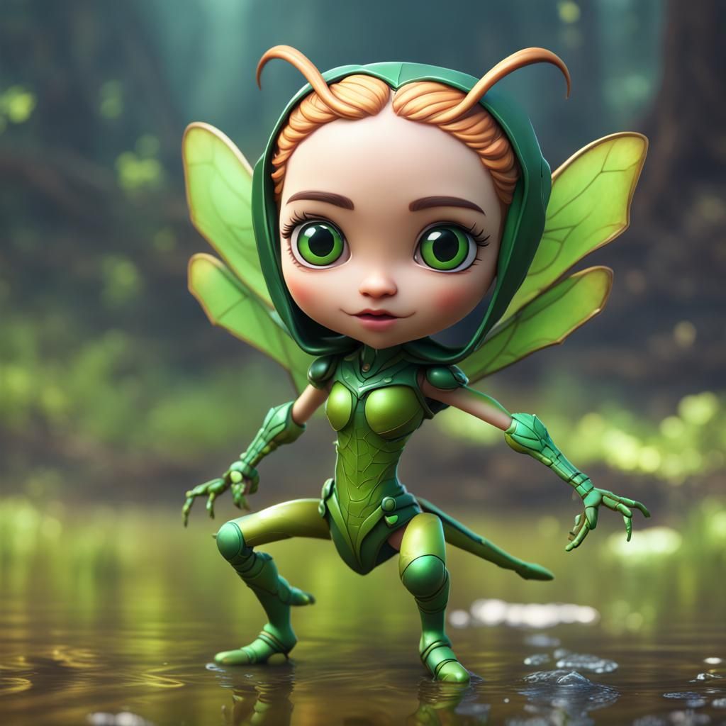 Chibi Mantis Heroine in Detailed Digital Art