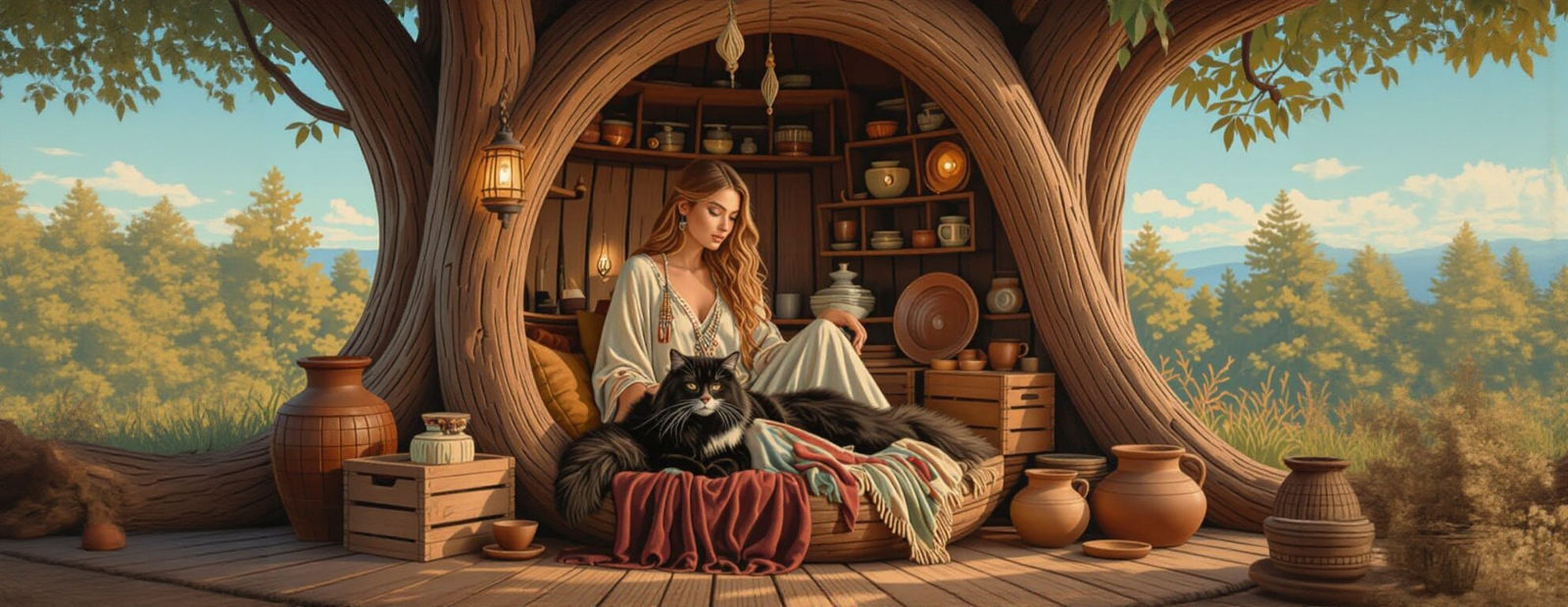 Cozy Treehouse Interior with Cat and Woman