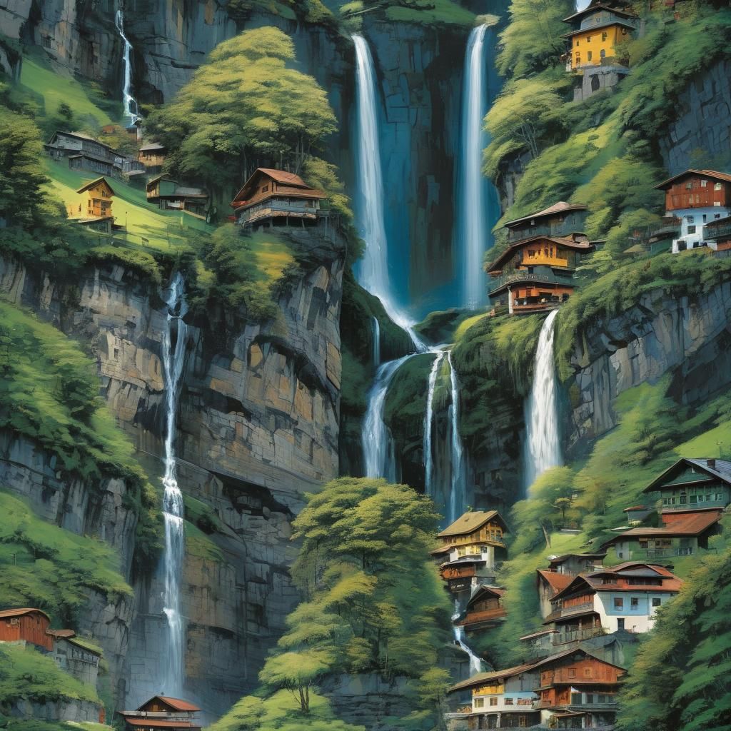 Lauterbrunnen Waterfalls in Bernese Oberland: Artistic Rendi...