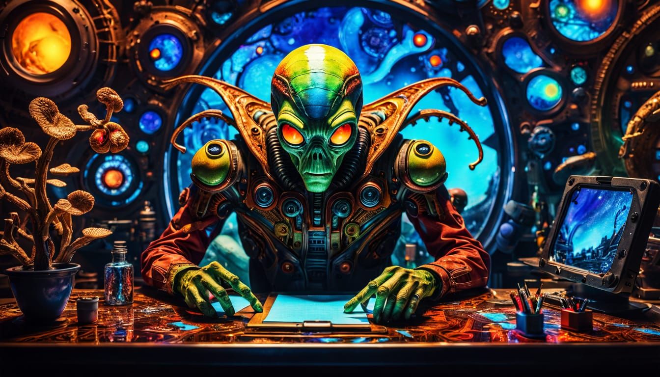 Surreal Man in Alien World with Vibrant Flora