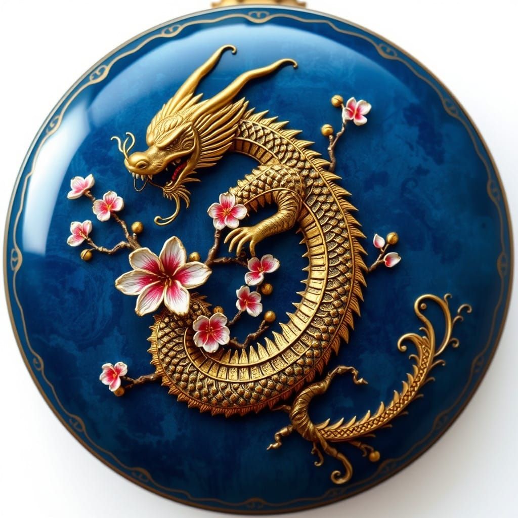 Golden Serpentine Dragon Amidst Cherry Blossoms in Blue Cloi...