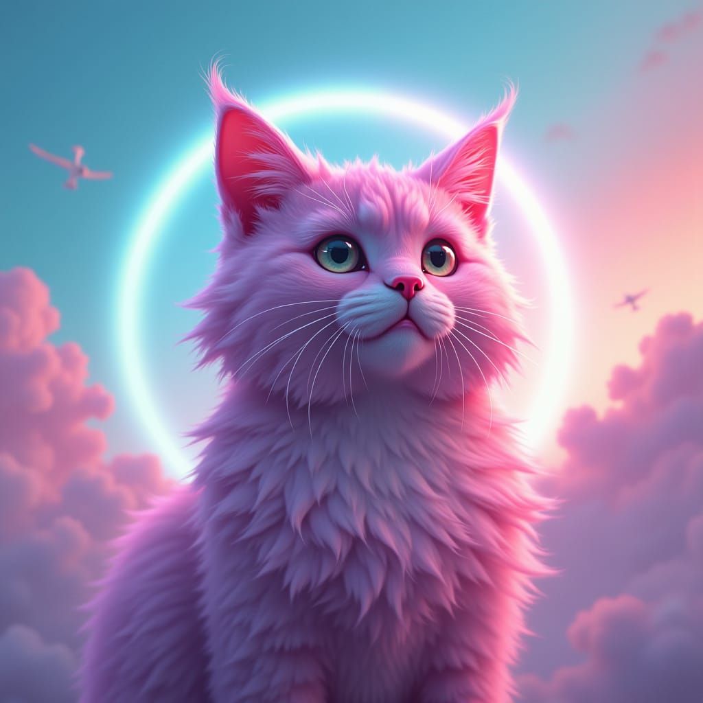 Majestic Pink Cat in Mystical Landscape