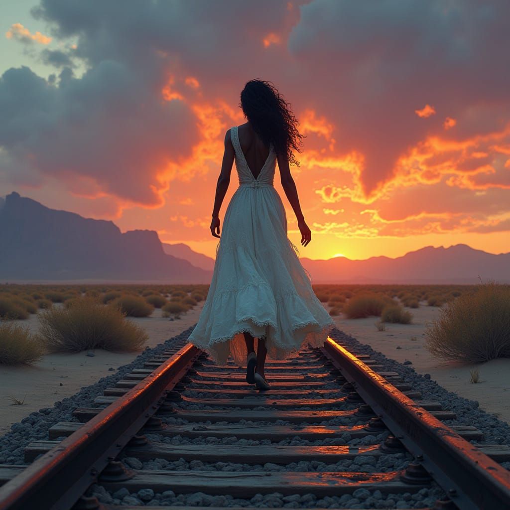 African American Woman Seeks Freedom Amidst Arid Desert Land...