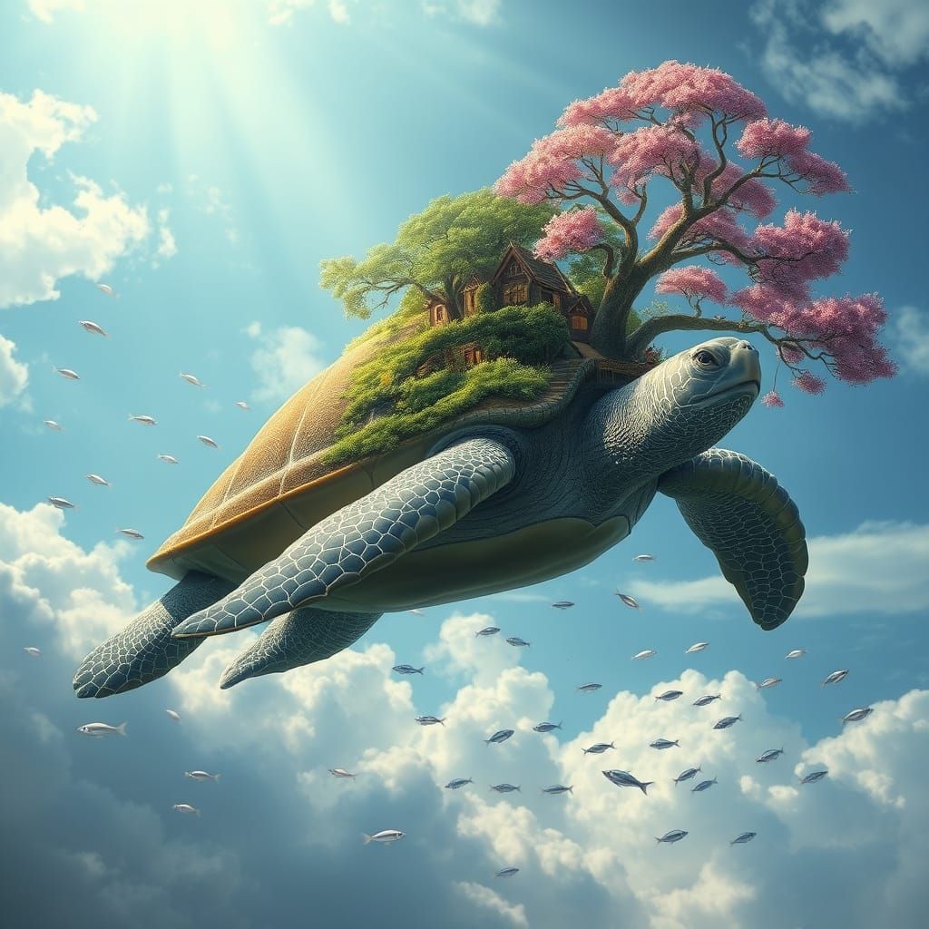 Ethereal Sea Turtle Soars Through Lush Skies