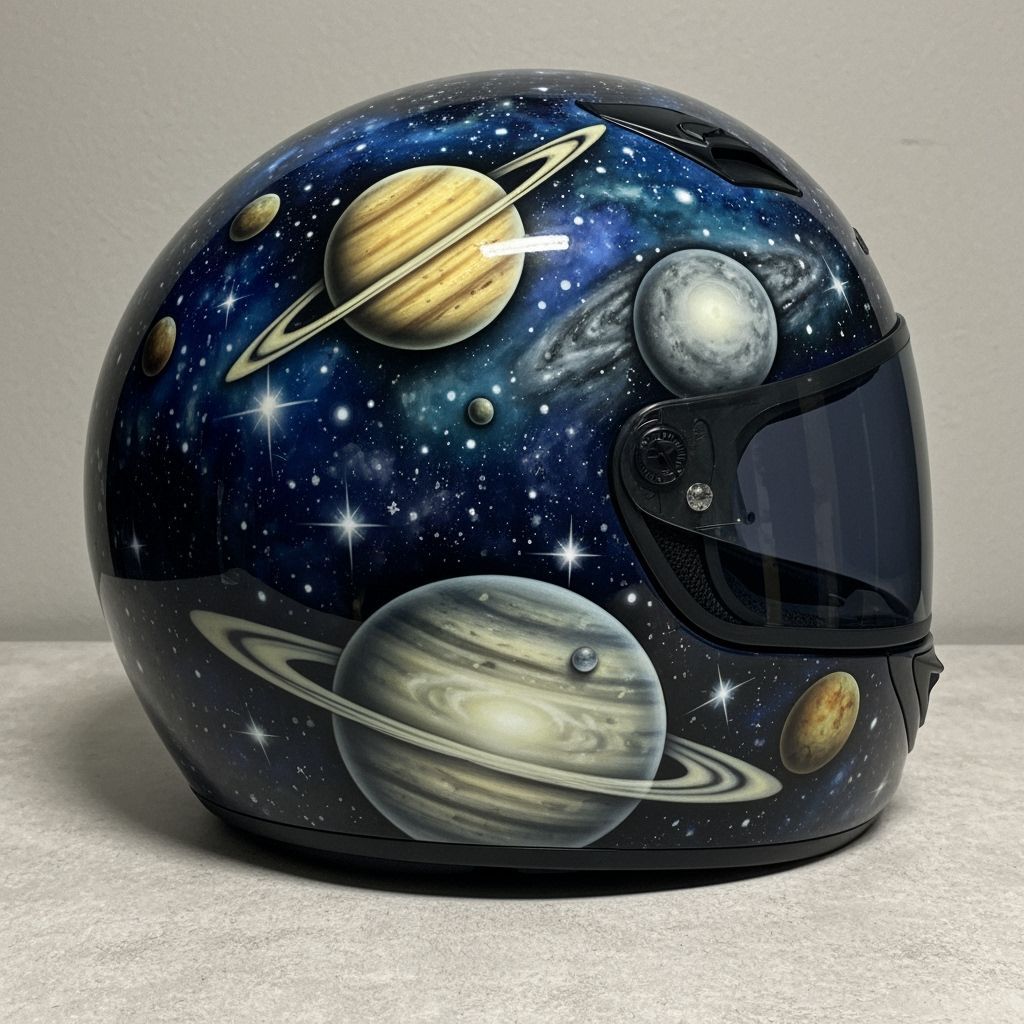 Airbrushed Space Motorcycle Helmet in Digital Art Style