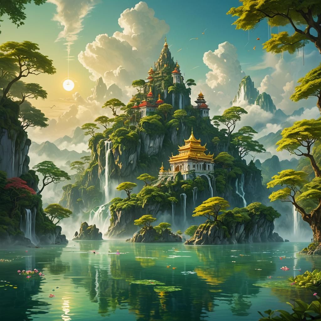 Themyscira: Island Floating Above Water in Matte Painting St...