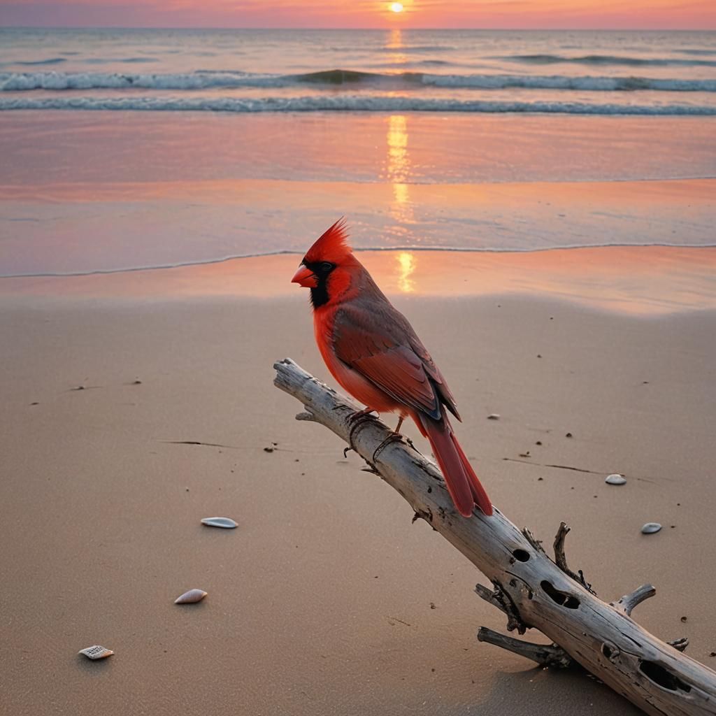 A breathtaking scene depicting a cardinal perched on a weathered driftwood log on a pristine sandy beach during a majest...