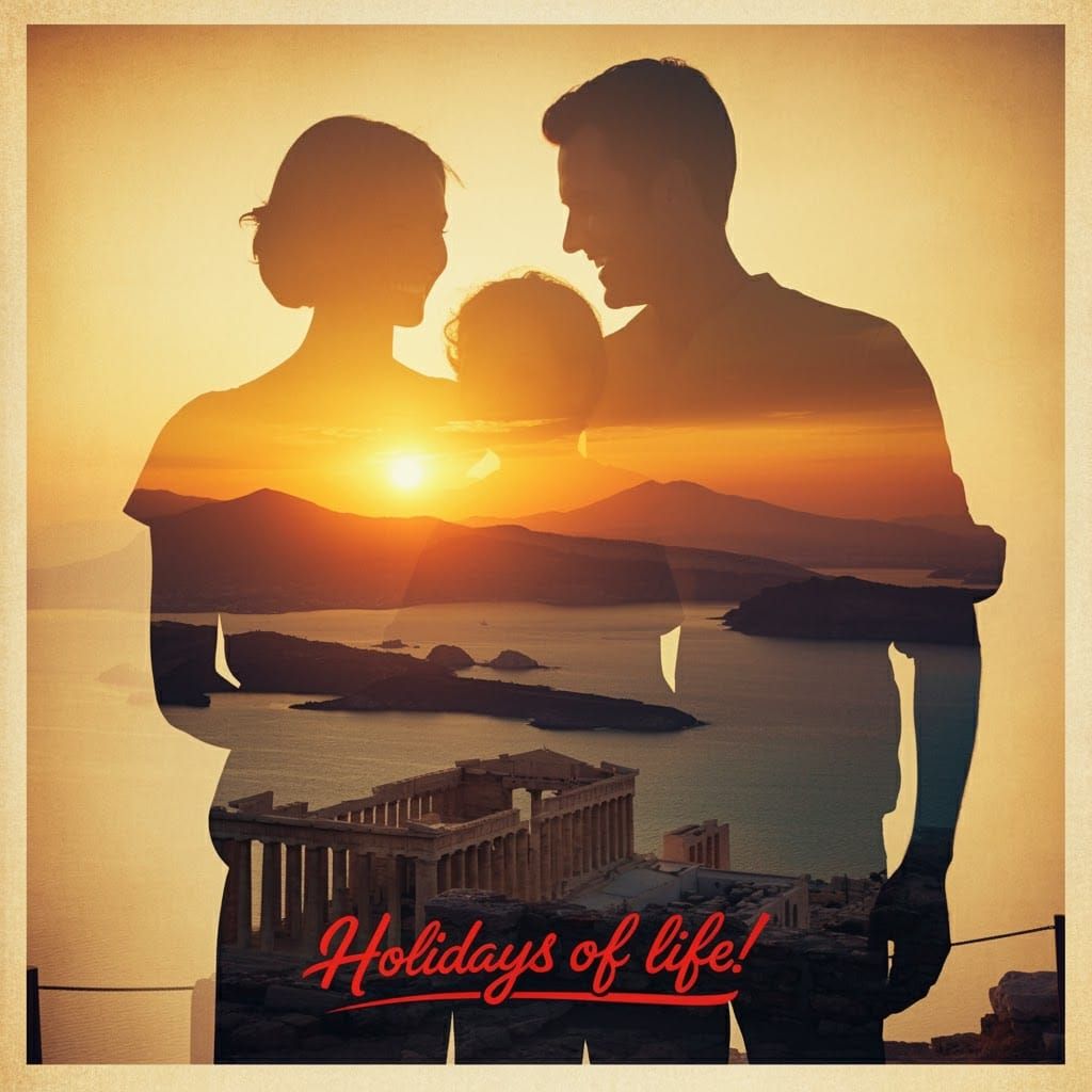 Family Silhouette at Greek Acropolis: Vintage Poster Style