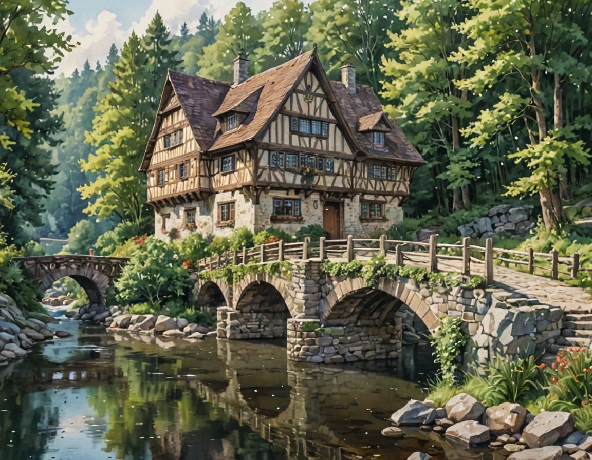Watercolor House on River with Stone Bridge