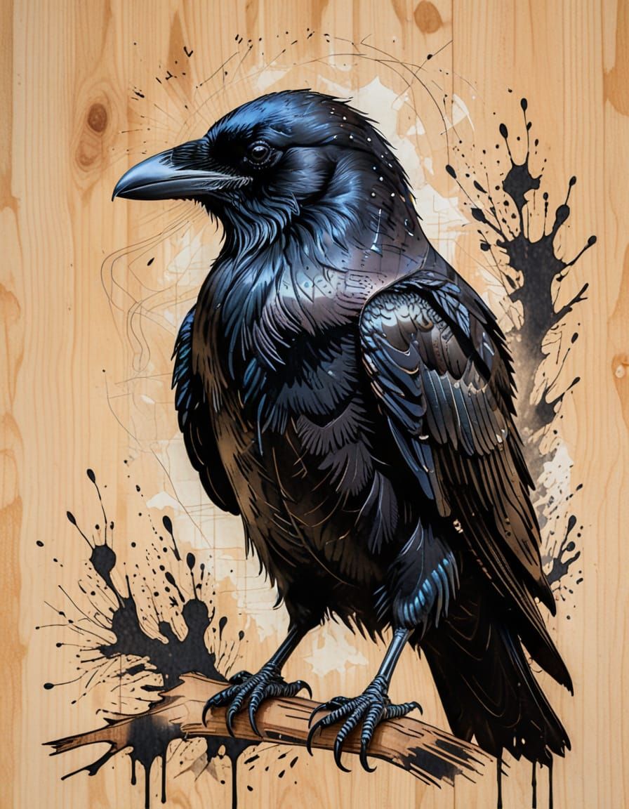 Glossy Black Ink Raven Portrait on Parchment