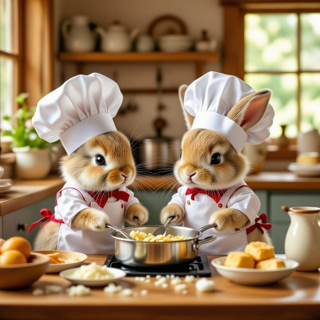 Bunnies Cooking: Whimsical Illustration in Watercolor Style