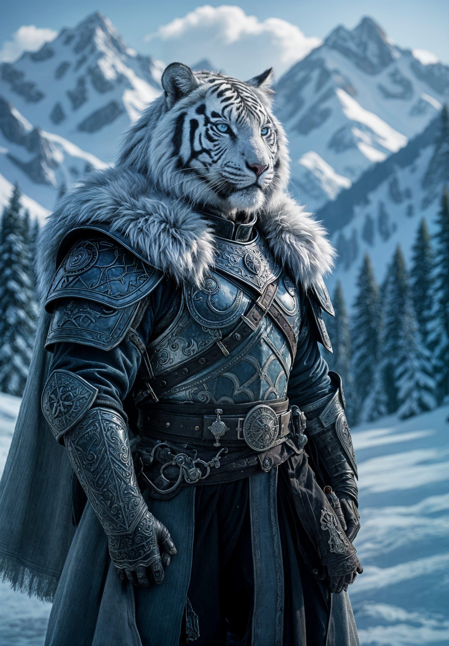 Grimdark White Tiger Warrior in Rune-Etched Armor