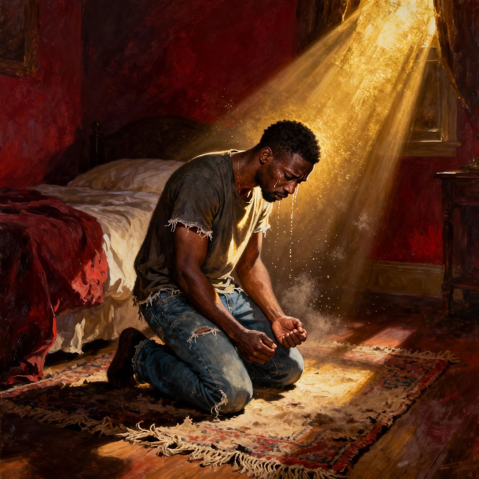 Man's Anguished Prayer in Hyperrealistic Oil Painting